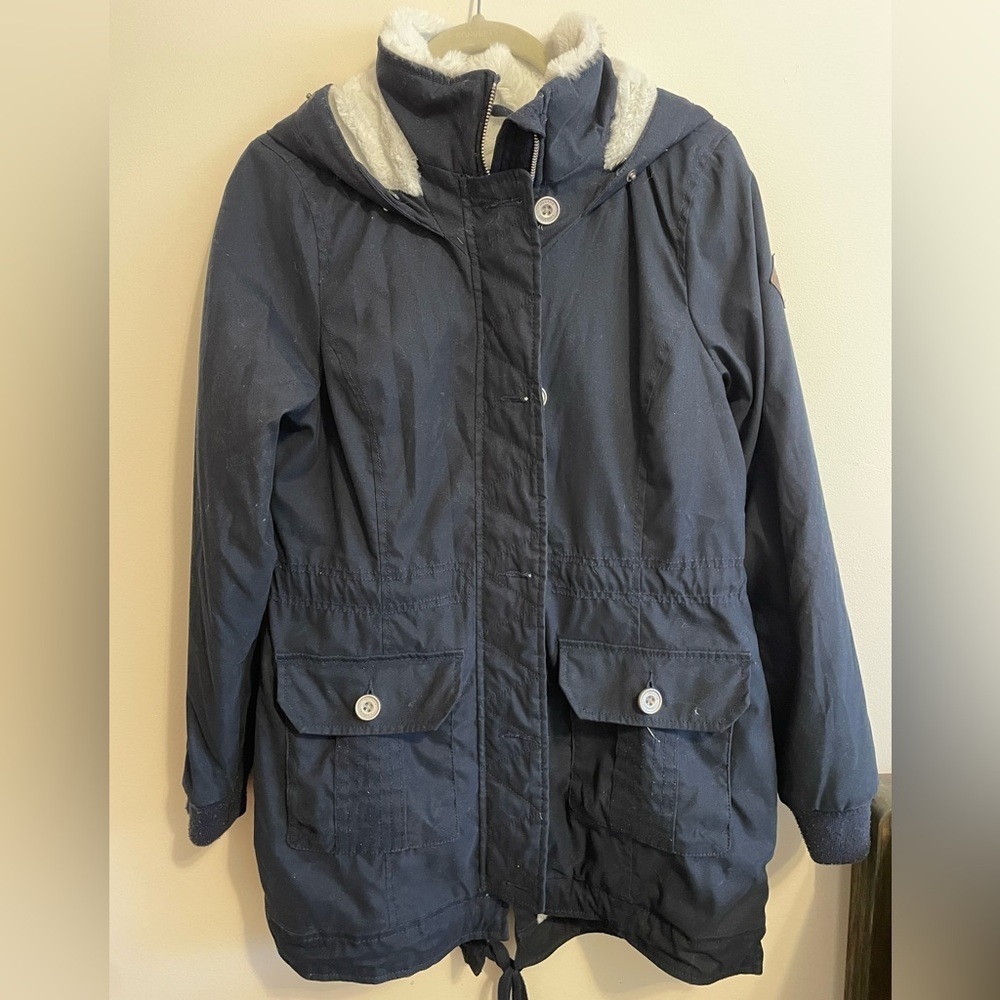HOLLISTER- Navy Hooded Parka with White Lining size medium